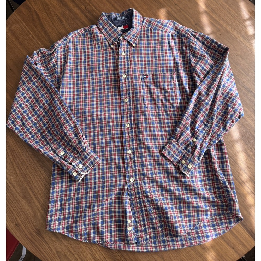 Vintage 90s Tommy Hilfiger Men's Blue Red Plaid Long Sleeve Cotton Shirt Sz L